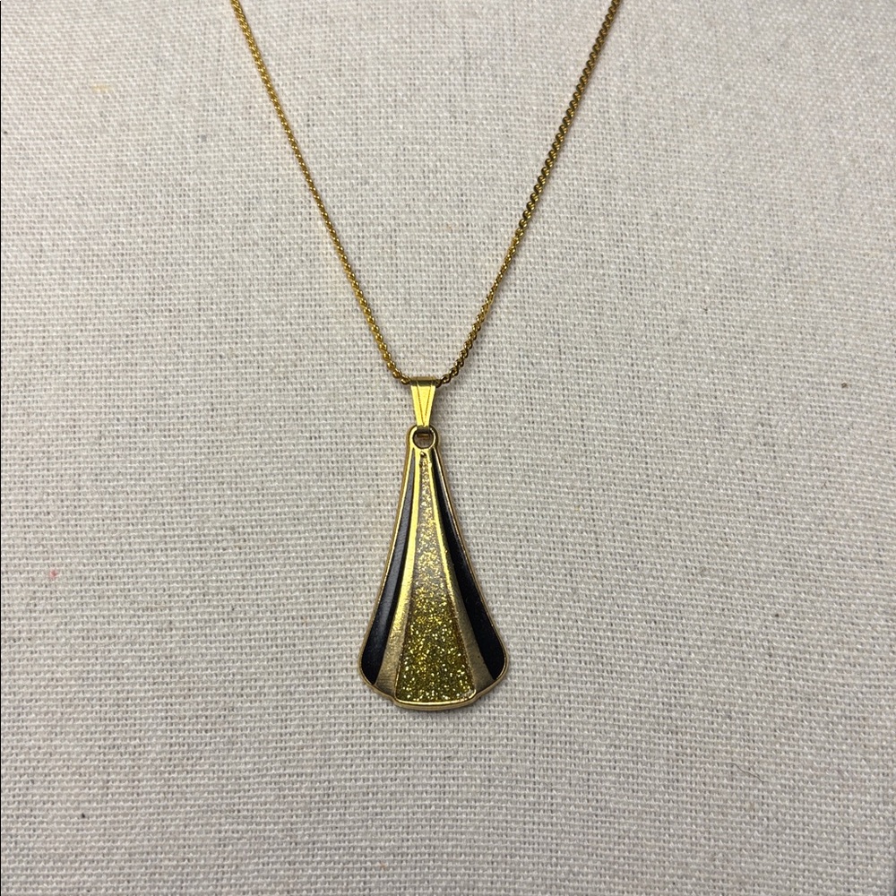 Van Doran Genuine Diamond Dust Pendant Necklace Gold Tone Black Art Deco